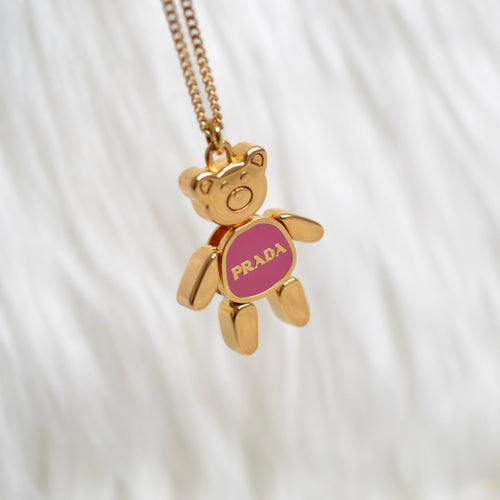 Authentic Prada gold and pink mini bear pendant - Repurposed and converted necklace (18”/45.7cm long)
