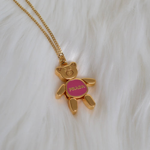Authentic Prada gold and pink mini bear pendant - Repurposed and converted necklace (18”/45.7cm long)