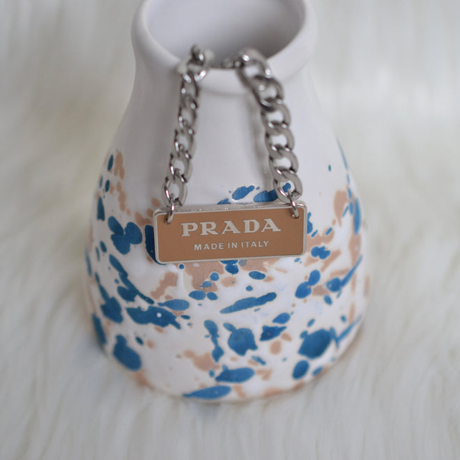 Authentic Prada silver and beige large rectangle - Repurposed and converted necklace (18”/45.7cm long)