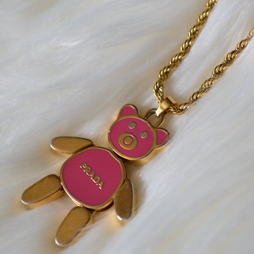 Authentic Prada gold and pink large bear pendant - Repurposed and converted necklace (18”/45.7cm long)