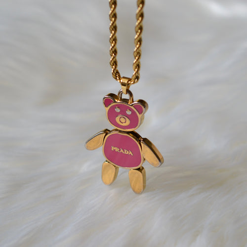 Authentic Prada gold and pink large bear pendant - Repurposed and converted necklace (18”/45.7cm long)
