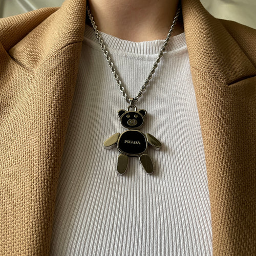 Authentic Prada silver and black large bear pendant - Repurposed and converted necklace (18.3”/46.5cm long)