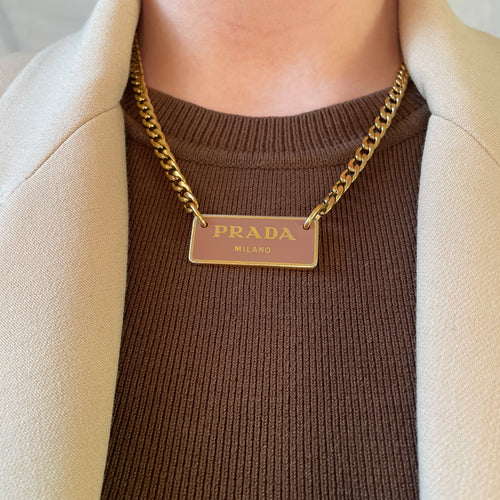 Authentic Prada gold and pink large rectangle - Repurposed and converted necklace (18”/45.7cm long)