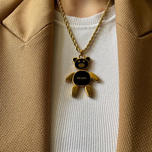 Authentic Prada gold and black large bear pendant - Repurposed and converted necklace (18”/45.7cm long)